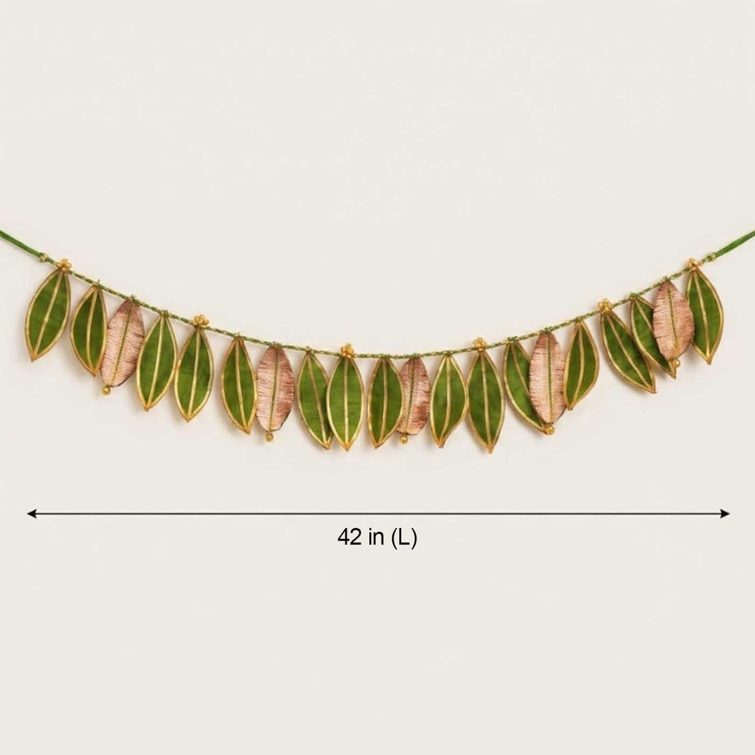 Handmade Mango Leaf Aam Patta Silk Toran With Ghungroo Bells, Lace & Shola Buds