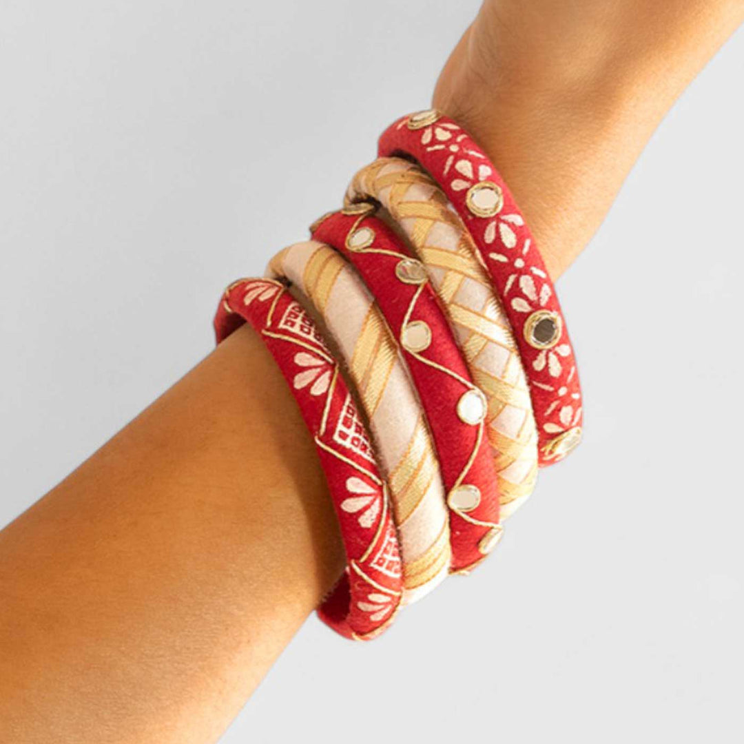 Red & White Handcrafted Elegant Mirror Work Bangles | Set of 5