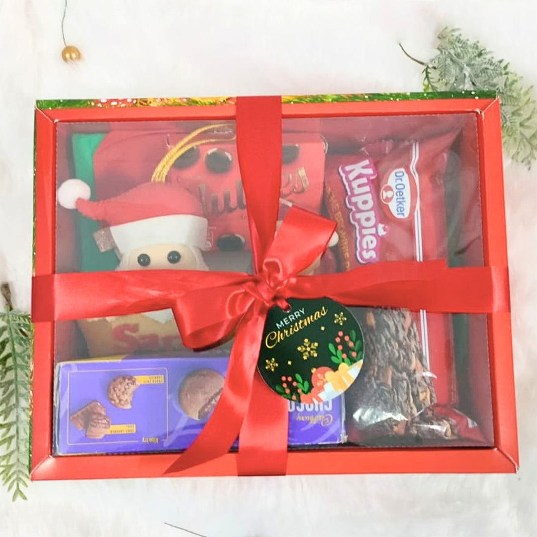 Personalized Christmas Gift Hamper | Includes 1 Ornament, 1 Stocking, 1 Santa Candle, 1 Brownie Cake, 1 Cadbury Chocobakes, 1 Nutties Pack