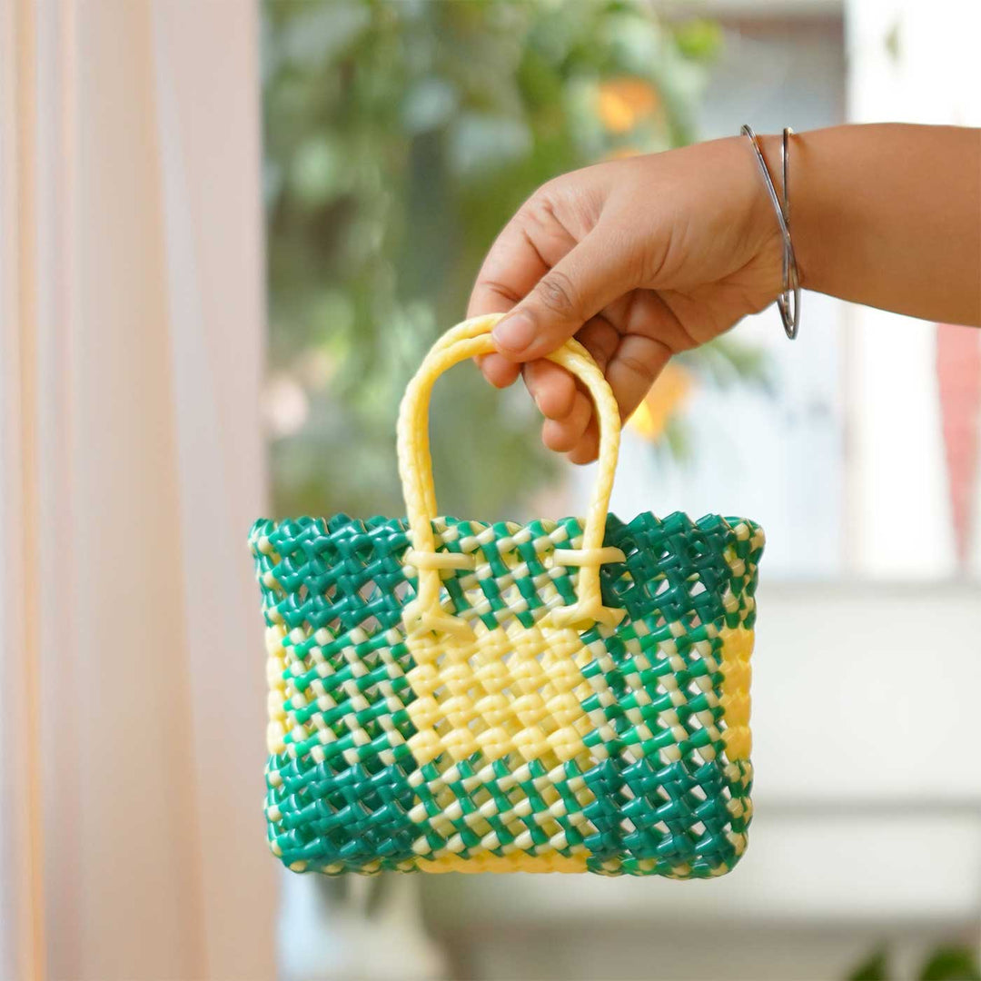 Handwoven Green & Beige Small Plastic Wire Koodai Bag For Festive Return Gifts