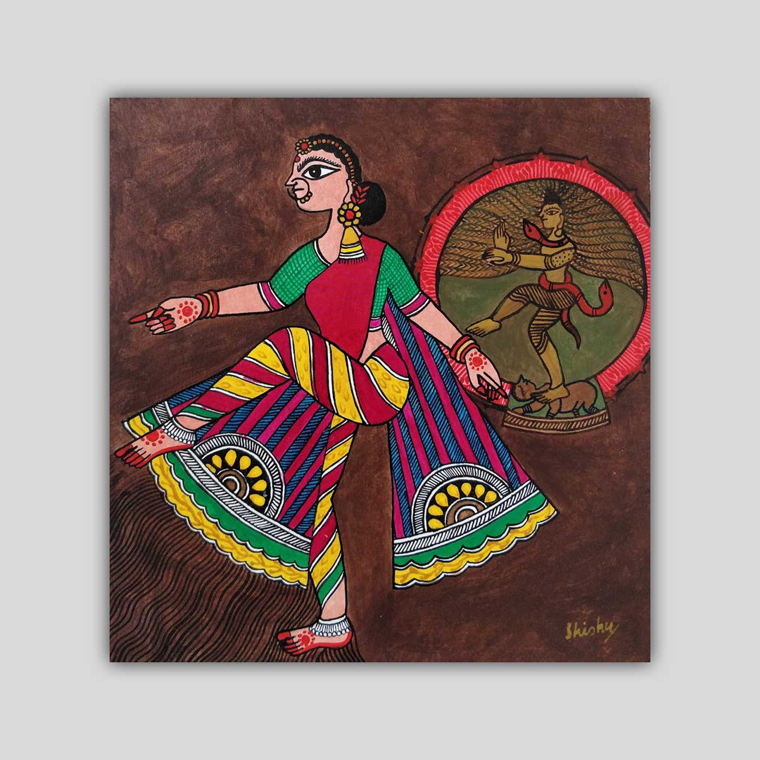 10 x 10  Inch | Dance of Divinity | Original Hanpainted Madhubani Painting | Natural Colors On Paper