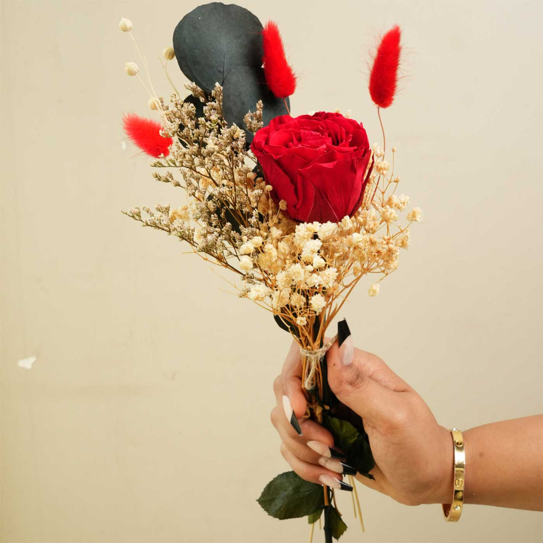 Ruby Romance Real Red Rose With Dried Flower Bouquet