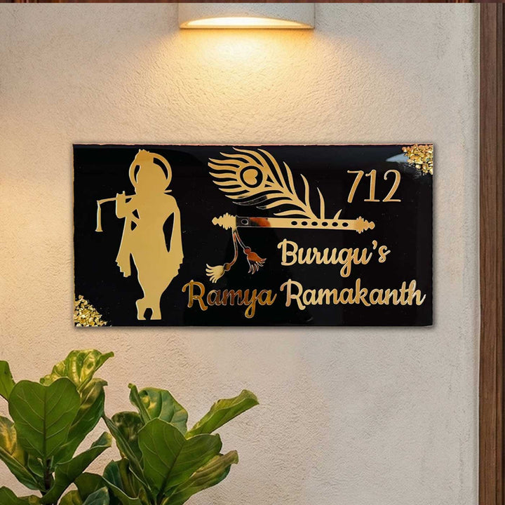 Personalized Black & Gold Krishna Theme Resin Name Plate For Family