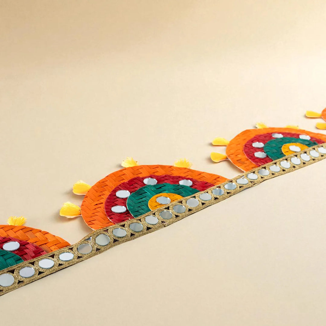 Multicoloured Mirror Embellished Eco-Friendly Handmade Woven Bamboo Toran | 41 Inch x 4 Inch