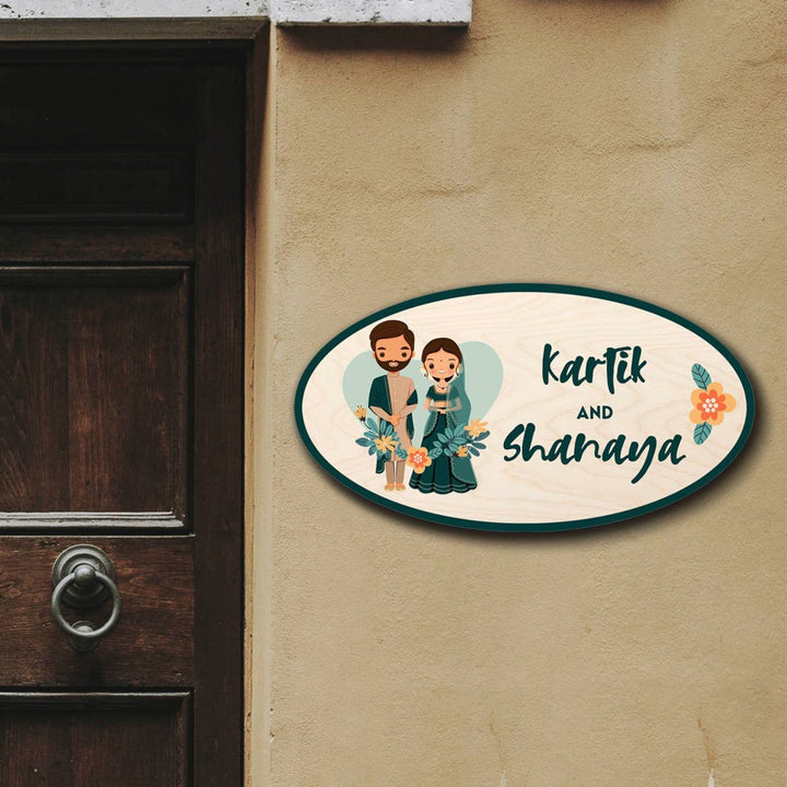 Printed Wooden Oval Character Nameplate For Couples