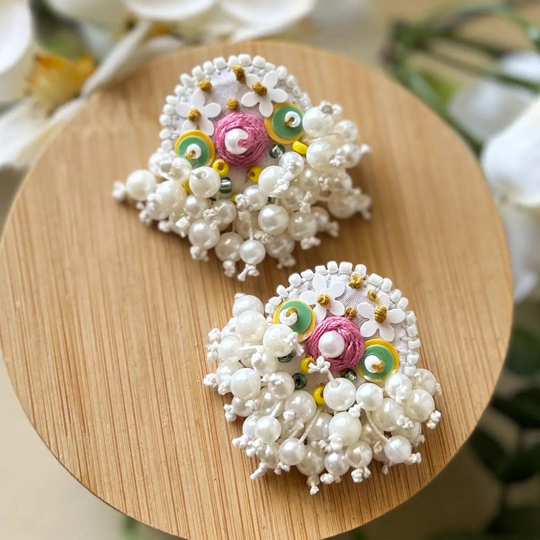 Hand Embroidered Beaded White & Pink Traditional Style Cotton Earrings