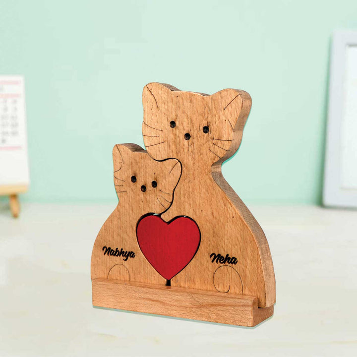 Personalized Cat Family Of 2 Wooden Figurine