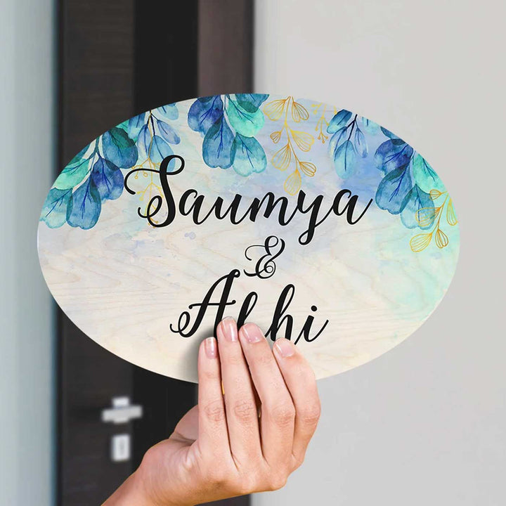 Personalized Printed Spring Blue Floral Wooden Oval Nameplate