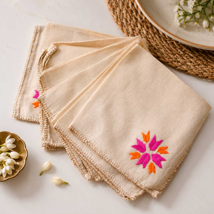 6 Pc | Hand Embroidered Geometric Motif Cotton Napkin For Festive Dining