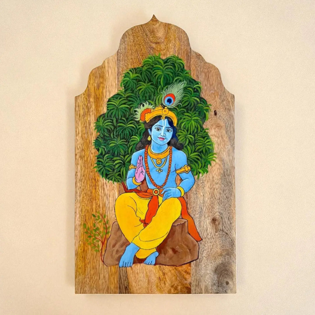 Hand-Painted Krishna Wooden Wall Decor
