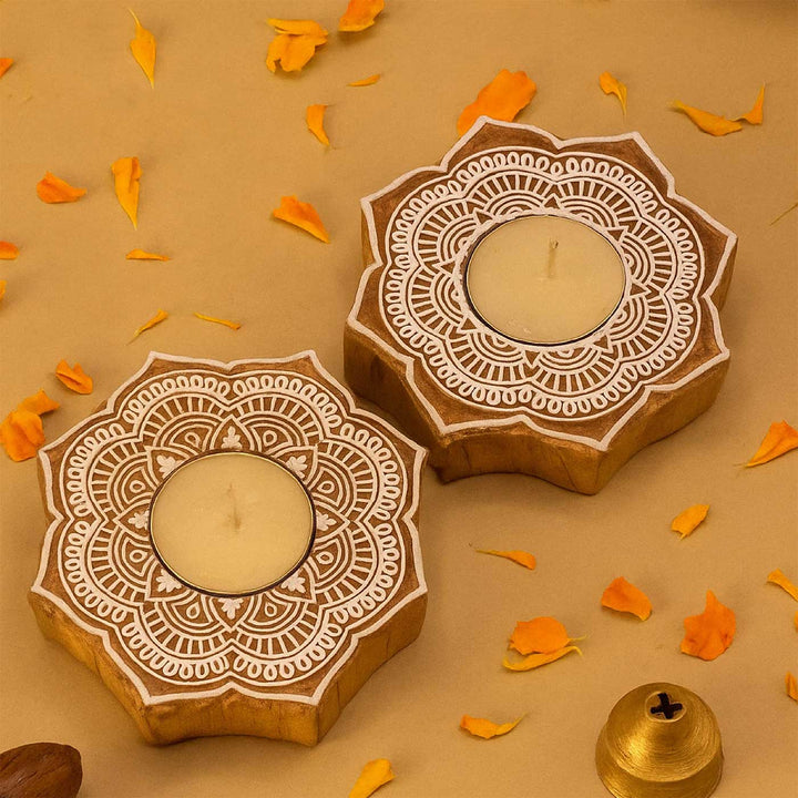 Set of 12 | Handmade Engraved Wooden Tealight Holder