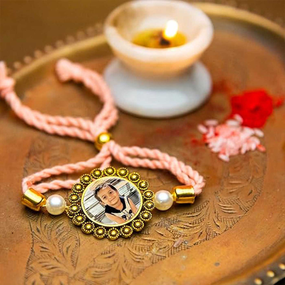 Photo Personalized Printed Beaded Memories Acrylic Rakhi - Bracelet with traditional items background