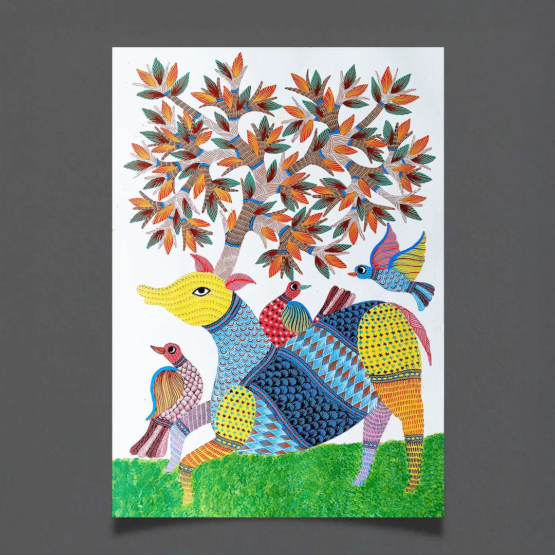 15 x 22 Inch | Deer & Birds | Original Hand Painted Tribal Gond Art Painting | Acrylic Paints On Paper