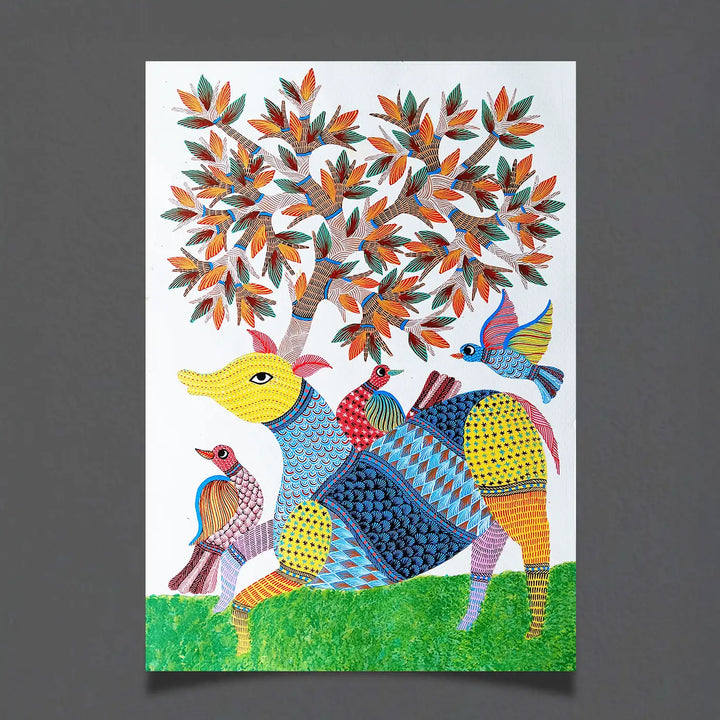 15 x 22 Inch | Deer & Birds | Original Hand Painted Tribal Gond Art Painting | Acrylic Paints On Paper
