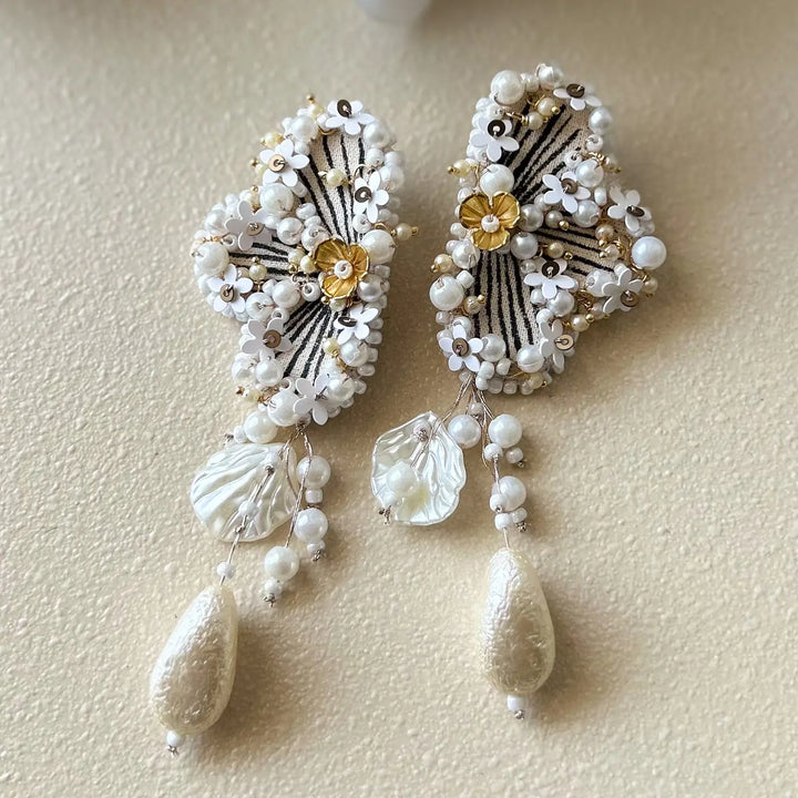 Hand Embroidered Beaded White Regal Heritage Theme Gajra Style Cotton Earrings