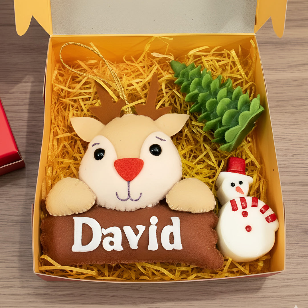 Personalized Christmas Gift Hamper | Includes 1 Ornament, 1 Xmas Tree Candle, 1 Snowman Candle