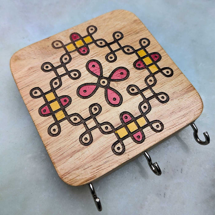Hand-Painted Flower Medallion Kolam Rubber Wood Wall Key Holder
