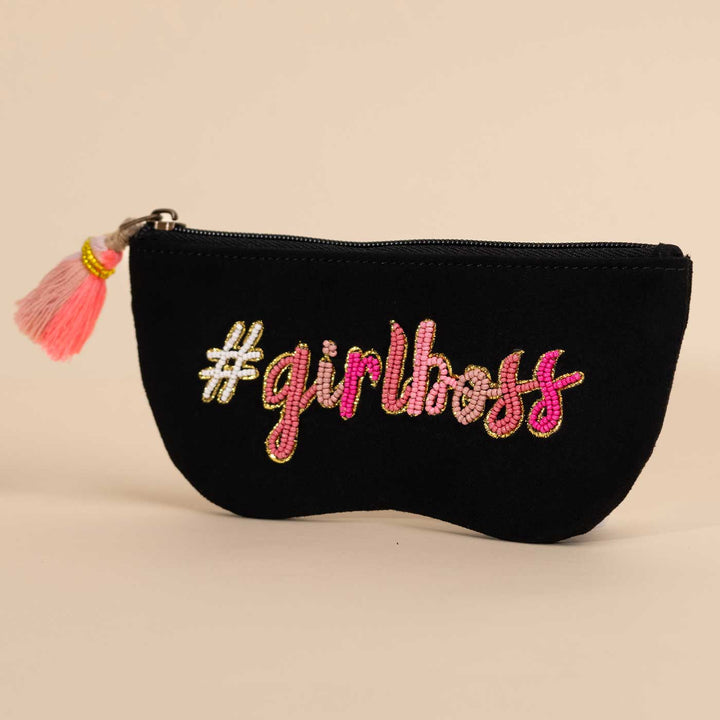 Handmade Embroidered Girlboss Design Suede Sunglass Cover