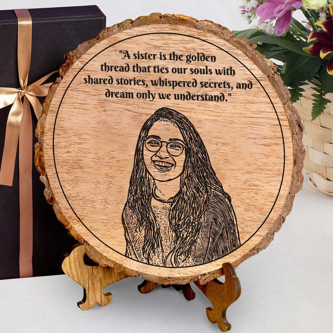 Photo Personalized Engraved Sister Theme Wooden Decorative Plaque Rakhi Hamper | Includes 1 Plaque, 1 Chocolate & 1 Card
