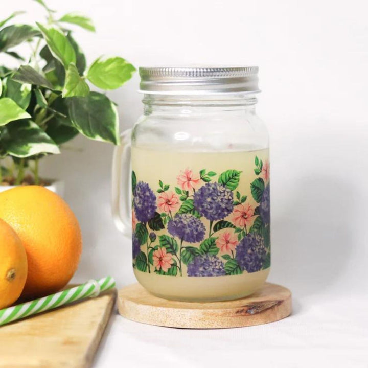 Botanical Print Mason Jar with Metal Lid & Straw | 500 ml