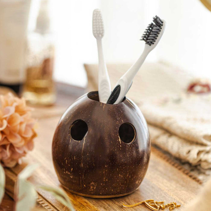 Eco-Friendly Handmade Brown Coconut Shell Toothbrush Holder