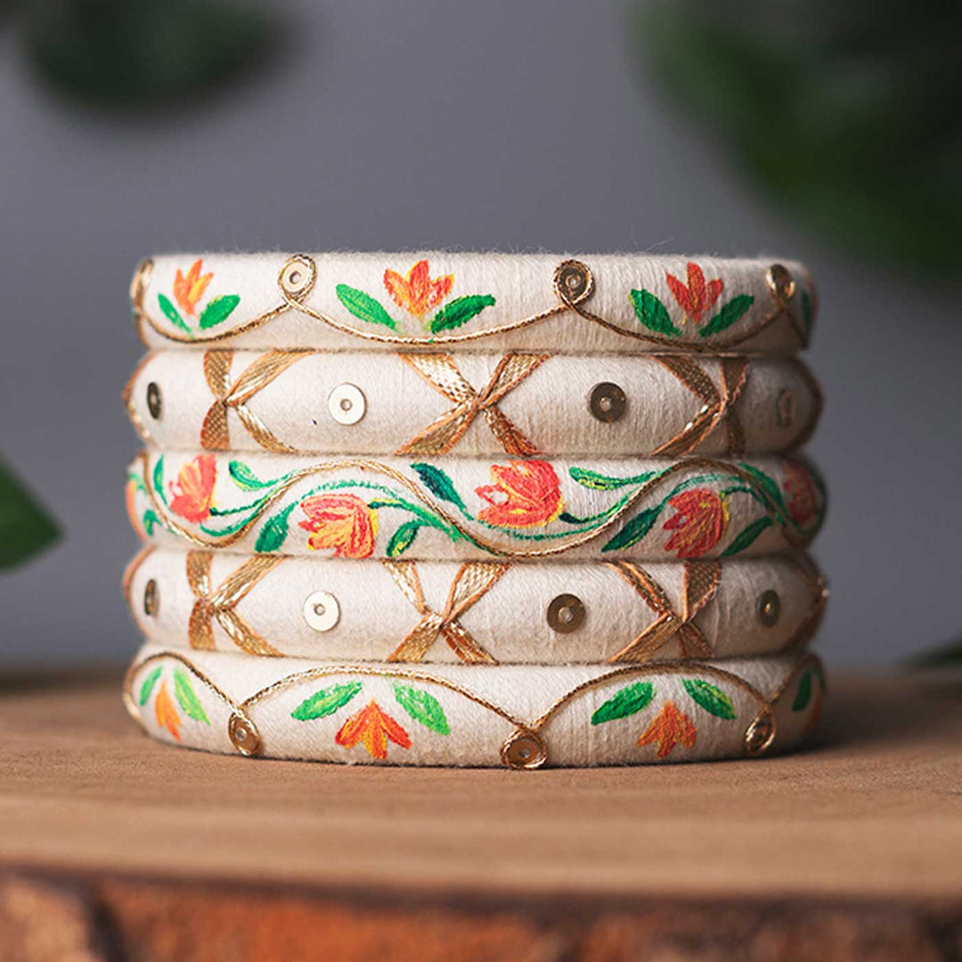 Off White Handcrafted Floral Sequin Bangles | Set of 5
