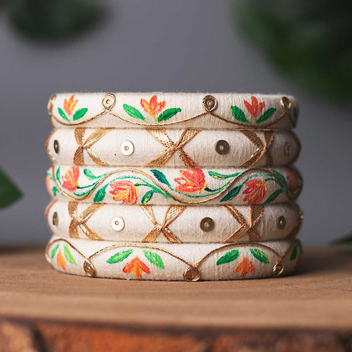 Off White Handcrafted Floral Sequin Bangles | Set of 5