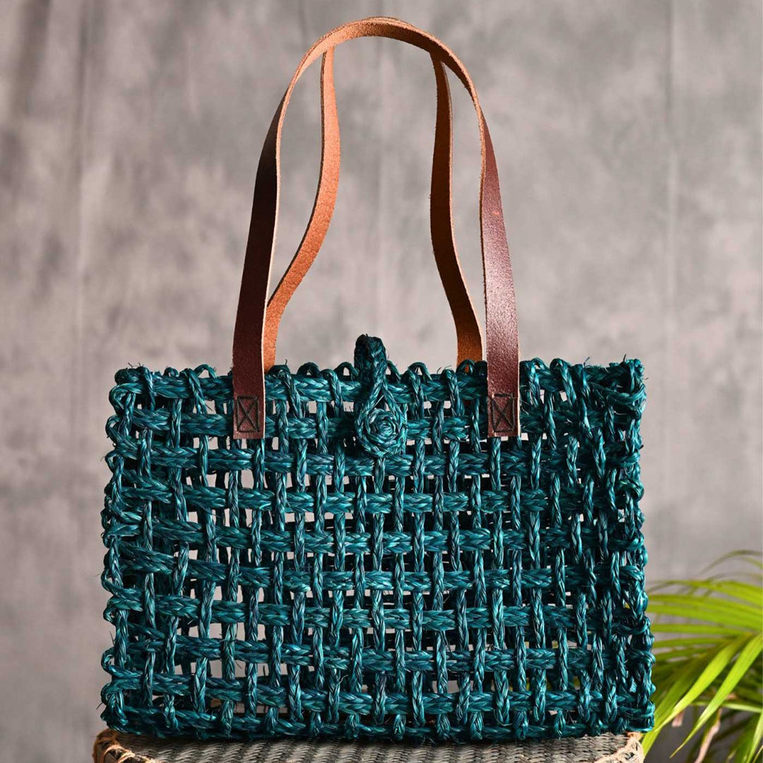 Handmade Grass Woven Leather Strap Box Shaped Sabai Mesh Tote Bag