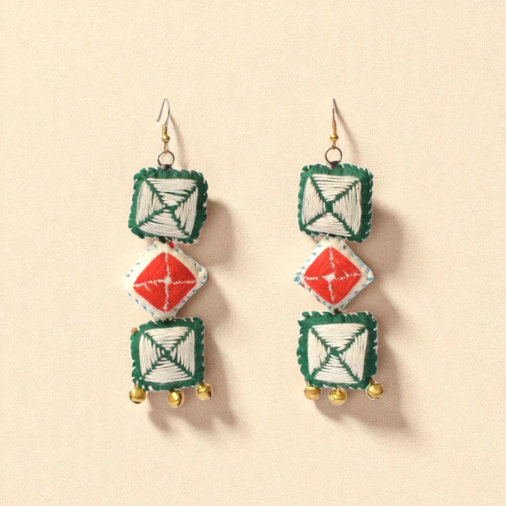 Handmade Textile Art Square & Diamond Ghungroo Dupion Silk Fabric Earrings