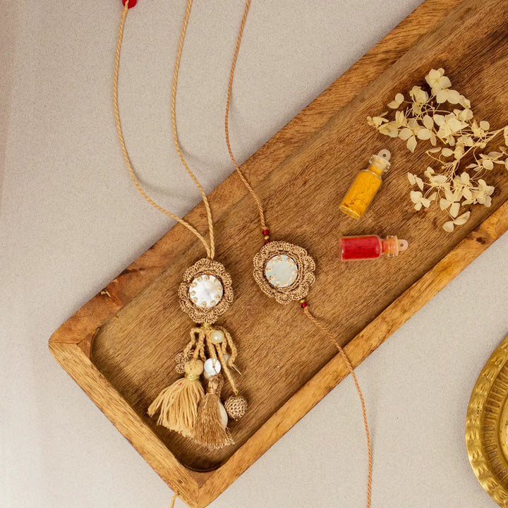 Handmade Crochet Golden Seepi Bhaiya Bhabhi Rakhi With Roli Chawal Set Of 2 - Decorative Set Display with Color Powders