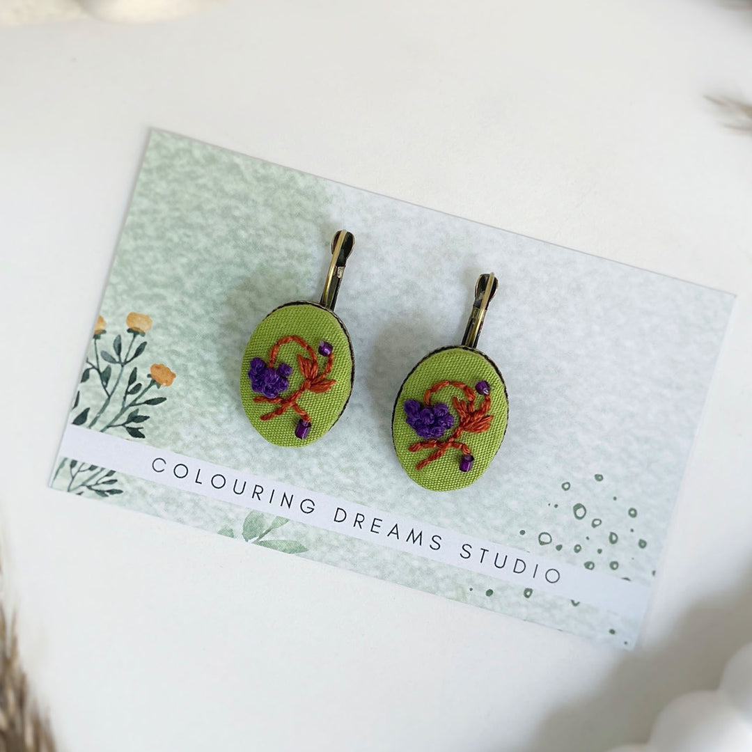 Hand Embroidered Violet Muse Golden Tone Earrings