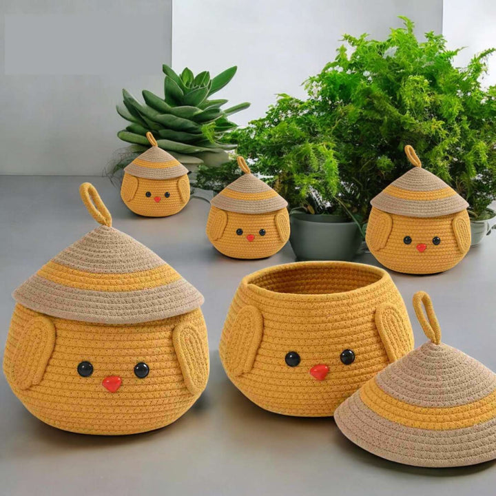 Handmade Coil Basketry Yellow Matka Cotton Rope Basket for Kids
