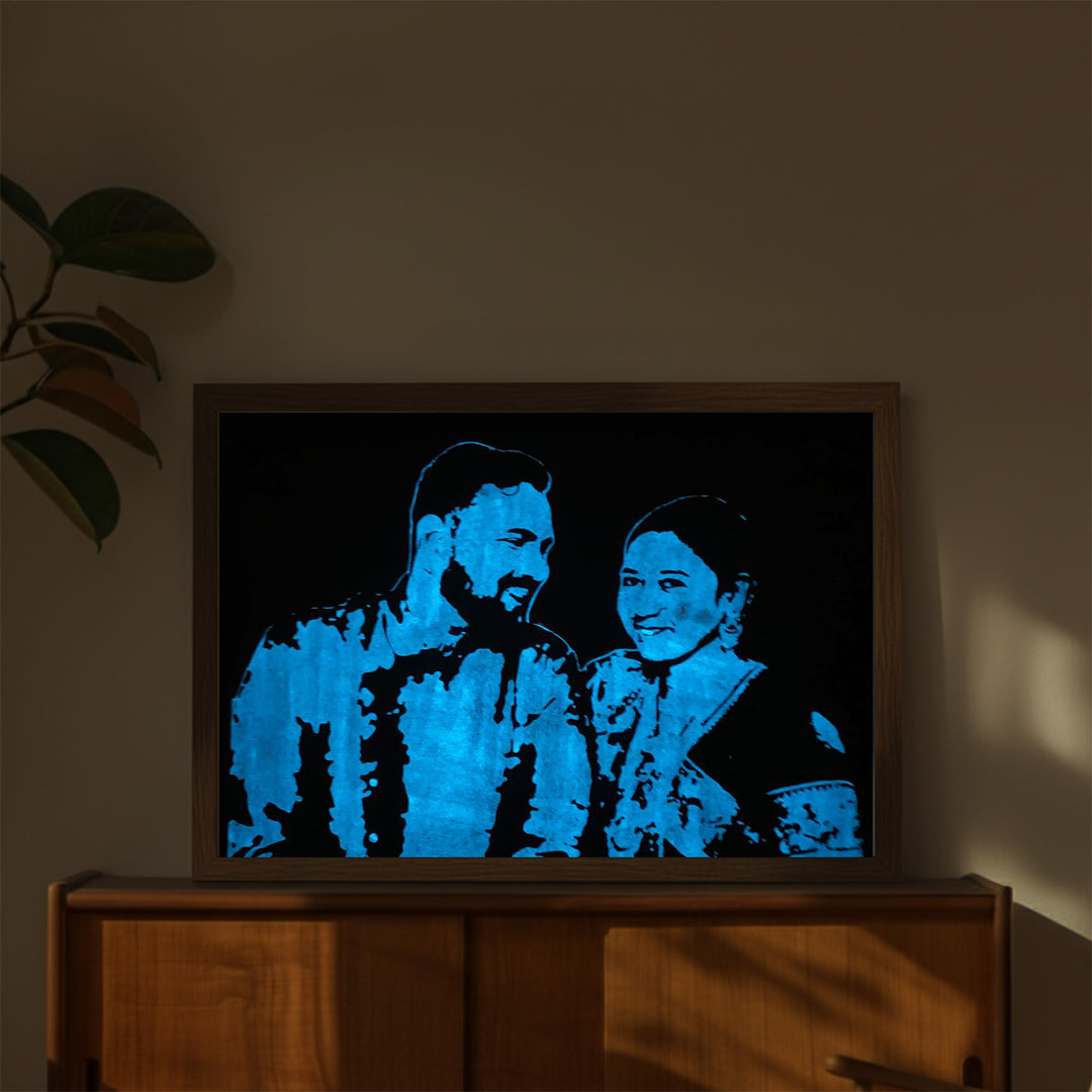 Photo Personalized Glow in the Dark Hand Illustrated Portrait With Premium Wooden Frame