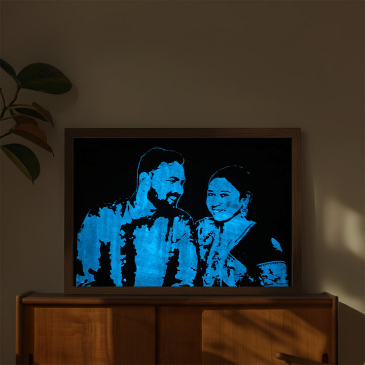 Photo Personalized Glow in the Dark Hand Illustrated Portrait With Premium Wooden Frame