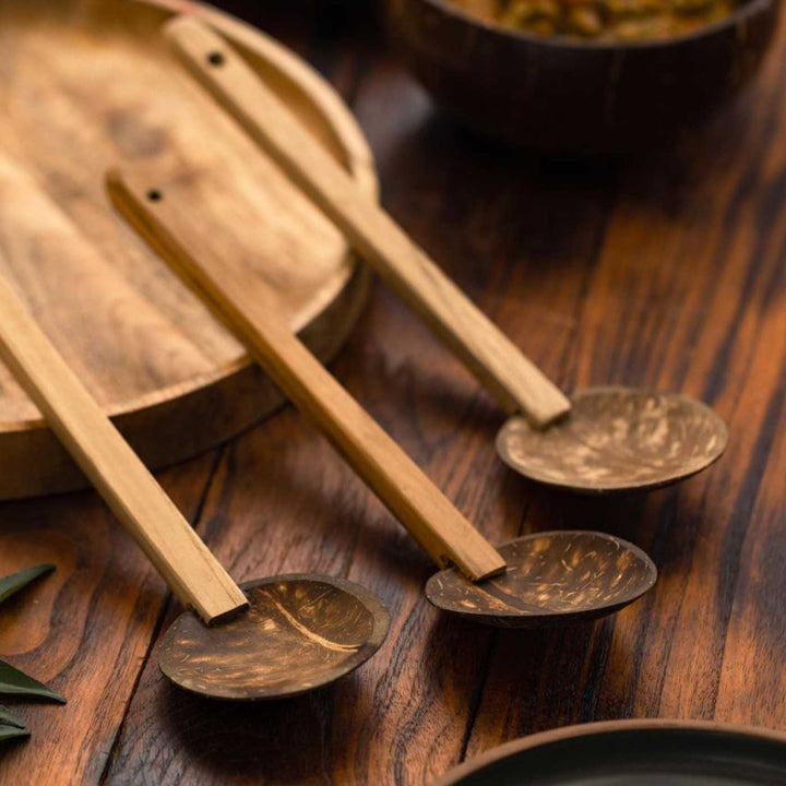 Eco-Friendly Handmade Large Coconut Shell Cooking Spoon | Set of 3