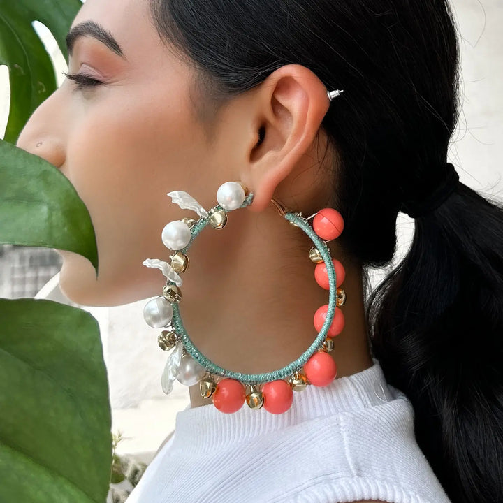 Hand Embroidered Beaded Ghungroo Thread Wrapped Hoop Cotton Earrings