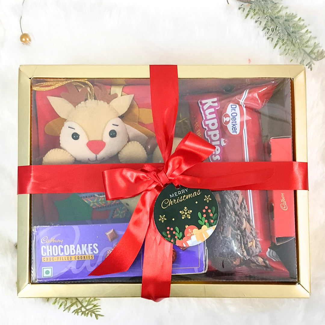 Personalized Christmas Gift Hamper | Includes 1 Ornament, 1 Stocking, 1 Reindeer Candle, 1 Brownie Cake, 1 Cadbury Chocobakes, 1 Nutties Pack