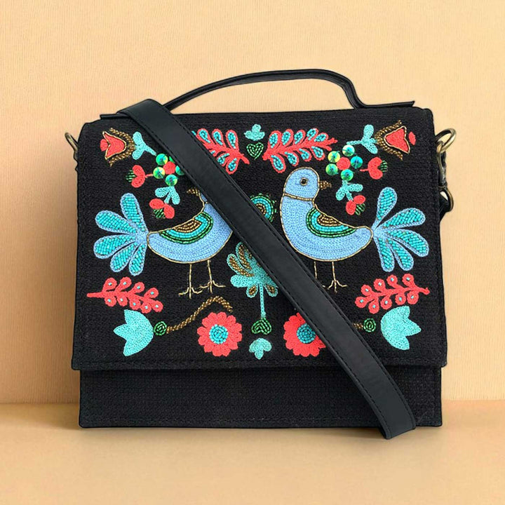 Handmade Embroidered Bird Design Black Matrix Sling Bag