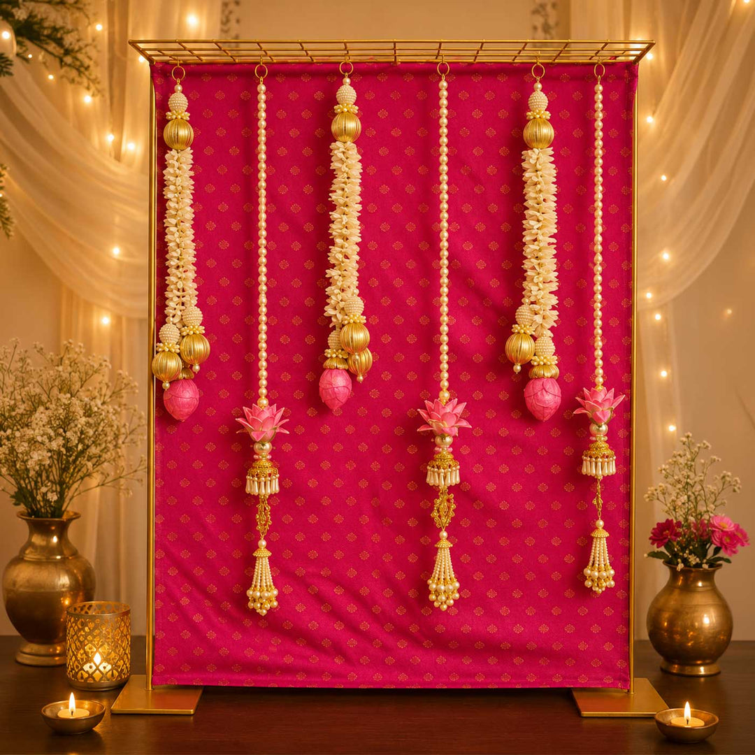 Pink Brocade Pooja Backdrop Decor Kit With Jaali Stand & Pearl Tassels