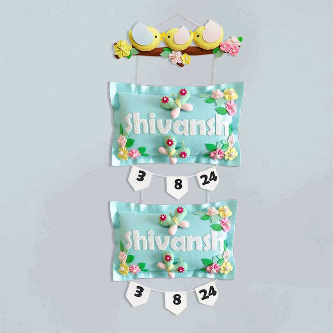 Hand Stitched Pillow Bird Themed Felt Kids Nameplate For Siblings - Hanging with Name and Date Tags