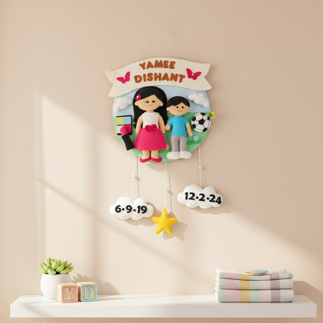 Hand-stitched Hobby Themed Round Felt Kids Name Plate for Siblings