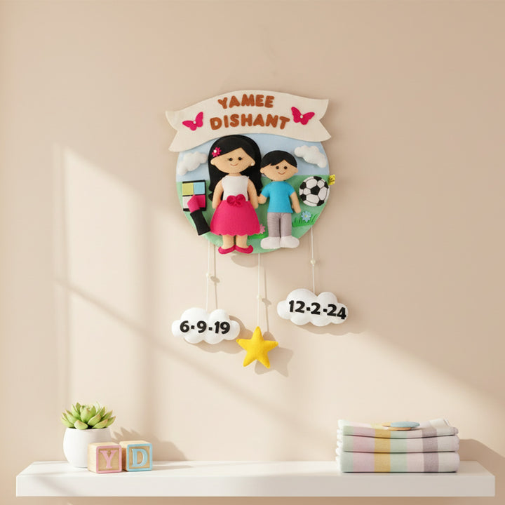 Hand-stitched Hobby Themed Round Felt Kids Name Plate for Siblings