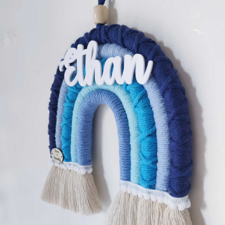 Personalized Handmade Macrame Blue Rainbow Kids Name Plate With 3D Letters