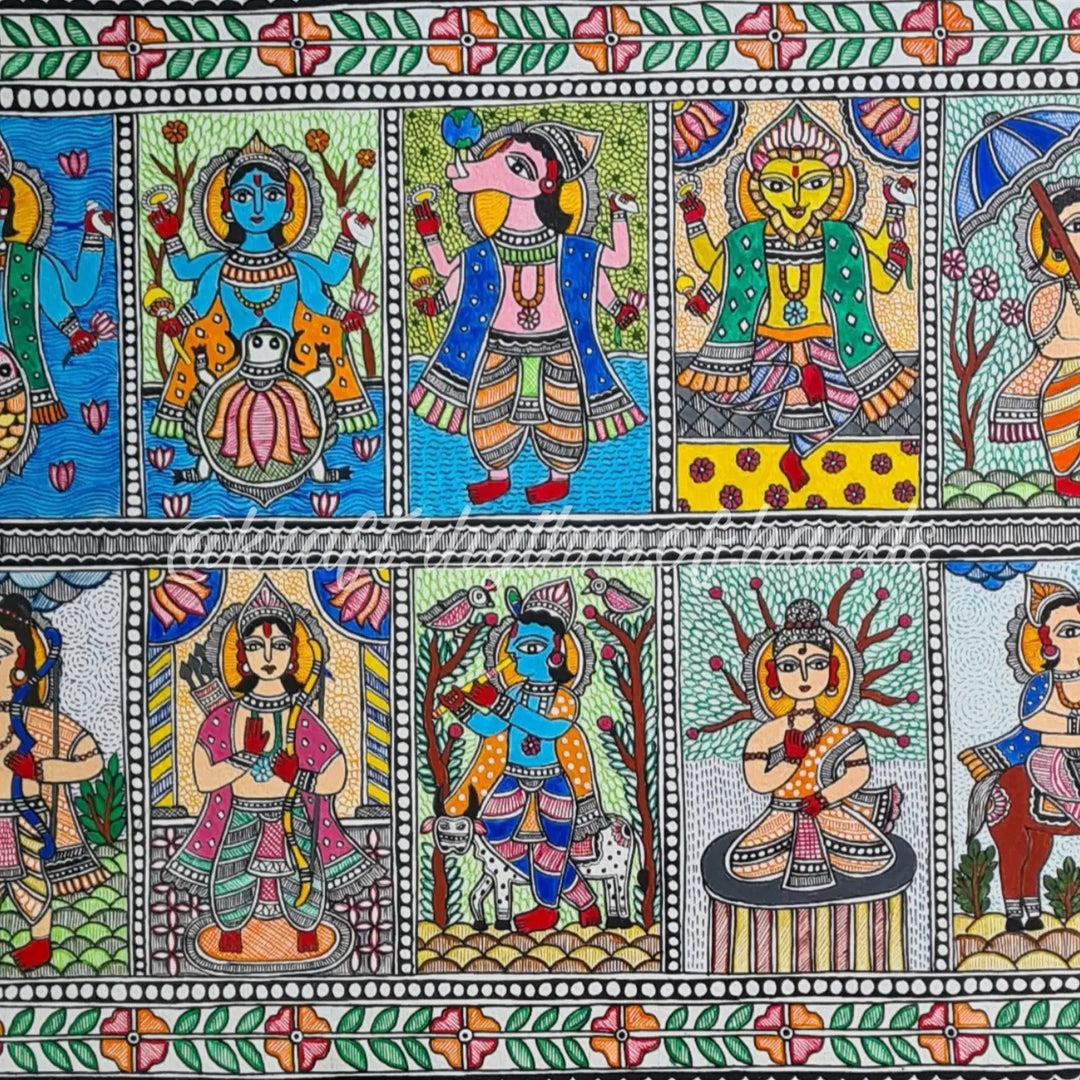 11 x 16 Inch | Dashavatara | Original Hand Painted Madhubani Painting On Paper
