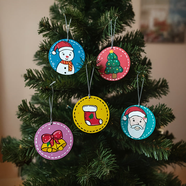 Hand-Painted MDF Wood Ornaments For Christmas Decoration | Set Of 5