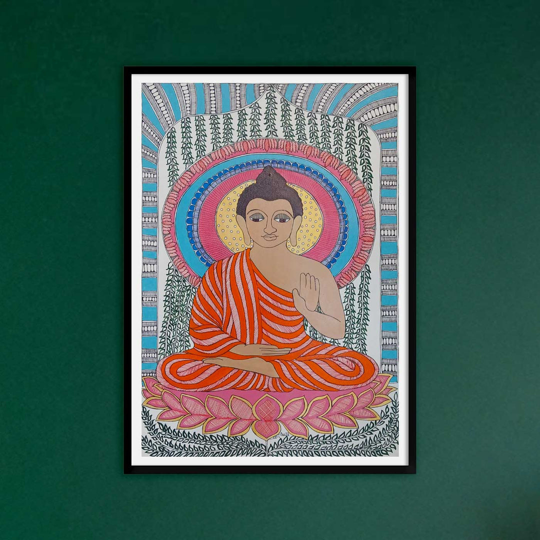 24 x 16 Inch | Buddha | Original Hand Painted Madhubani Painting | Acrylic Paints On Paper