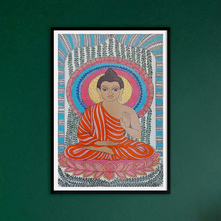 24 x 16 Inch | Buddha | Original Hand Painted Madhubani Painting | Acrylic Paints On Paper