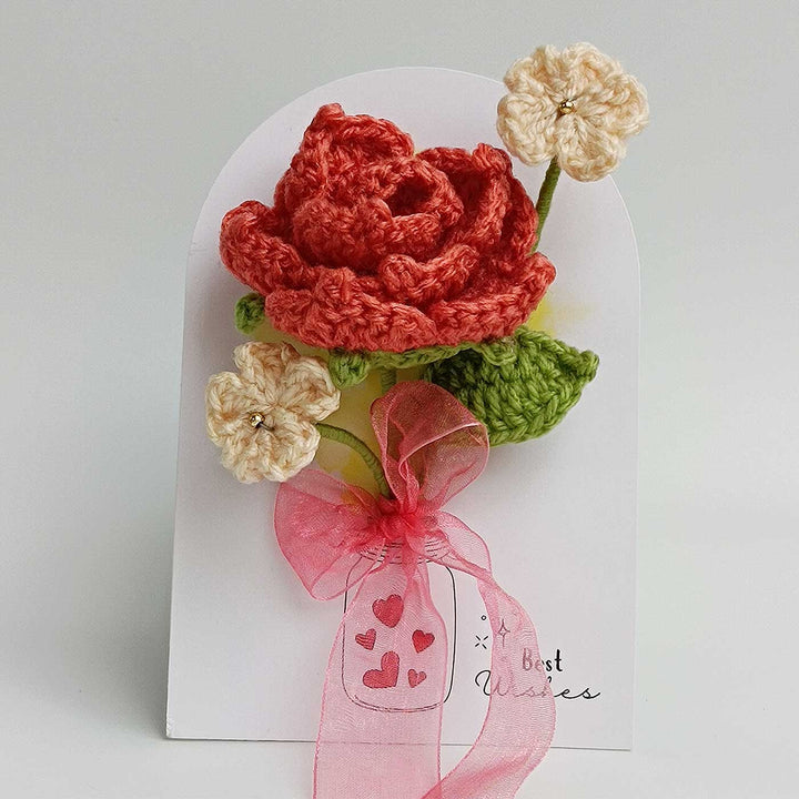 Handmade Crochet 3D Red Rose Greeting Card
