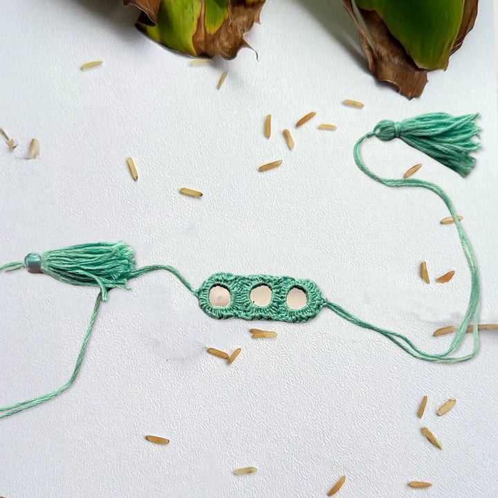 Handmade Crochet Mirror Work Rakhi With Roli Chawal