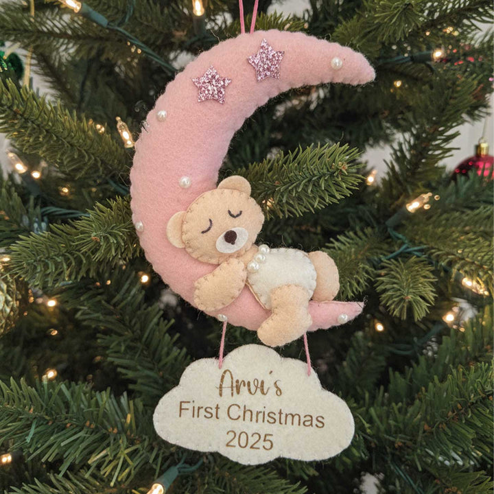 Personalized Handmade First Christmas Baby On Moon Christmas Onrmanets